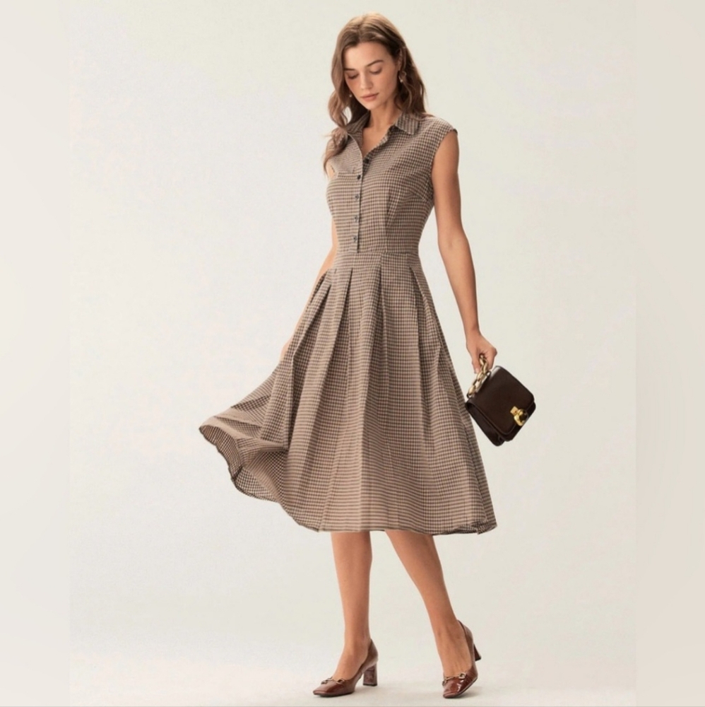 NWT Rihoas Brown Plaid Button Pleated Midi Dress - Picture 5 of 17
